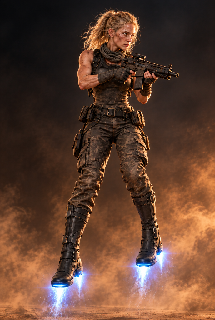 Vaya character concept with hover boots and a gun